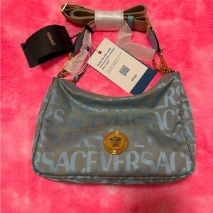 Versace Light Blue Monogram Shoulder Bag with Gold Medallion